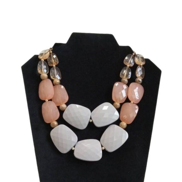 Coral and Light Gray Large Faceted Beaded Multi Strand Statement Style Necklace - Picture 1 of 10